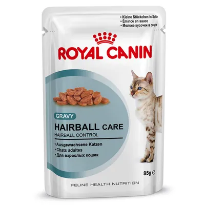 Royal Canin Hairball Care Gravy natvoer voor volwassen katten, 85g. Tekst: kleine stukjes in saus, hairball control, feline health nutrition. Kat en voer zichtbaar op verpakking.