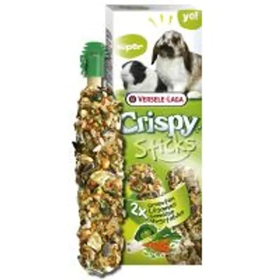 Versele-Laga Crispy Sticks, förpackning med två stänger. Bild på kanin och marsvin samt text: '2x', 'Crispy Sticks', 'Versele-Laga'. Synliga frö- och grönsaksbitar.