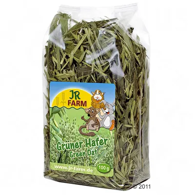 Confezione da 100 g di JR Farm Grüner Hafer Green Oat, avena verde visibile in busta trasparente con etichetta illustrata e sito www.jr-farm.de.