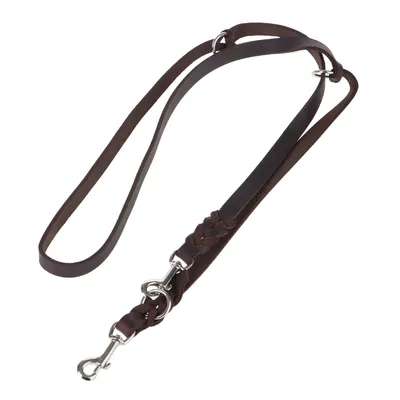 Laisse pour chien en cuir marron avec mousquetons métalliques et anneaux, longueur réglable visible sur l’image.