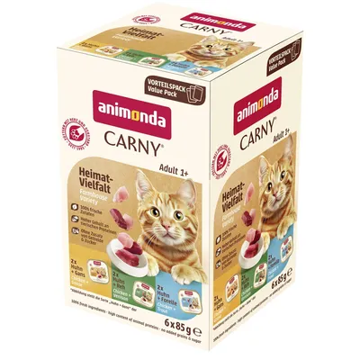 animonda Carny Adult 1+ Hjemstavns-Mangfoldighed, fordelspakke med 6x85 g: 2x kylling & gås, 2x kylling & rådyr, 2x kylling & ørred. 100% friske ingredienser, højt indhold af animalske proteiner, uden korn & sukker.