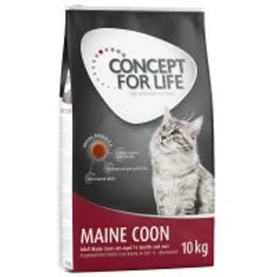 Sacco da 10 kg di Concept for Life Maine Coon per gatti, con immagine di un gatto Maine Coon e testo visibile: 'Adult', 'Special Formula', 'High premium cat food'.