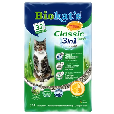 Biokat's Classic 3in1 fresh kattegrus, hurtig lugtbinding, faste klumper, drøj, 32 dages friskhed, Hygiene- og AromaProtect-formel, Made in Germany, 10L pakke.
