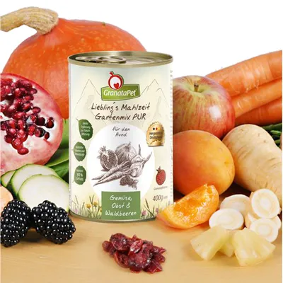 GranataPet Lieblings Mahlzeit Gartenmix PUR dla psa, wyprodukowany w Niemczech. Składniki: warzywa, owoce i jagody leśne. Puszka 400 g.