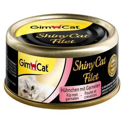 GimCat ShinyCat Filet, Hühnchen mit Garnelen, 100% natürlich, ohne Zusatzstoffe. Hochwertige Katzenfutterdose mit gelbem und schwarzem Design.