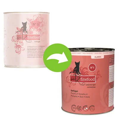 catz finefood N°3 Geflügel -kissanruokapurkin pakkausuudistus, näkyvissä vanha ja uusi purkki sekä vihreä nuoli niiden välillä. Uudessa pakkauksessa lisätietoja useilla kielillä.