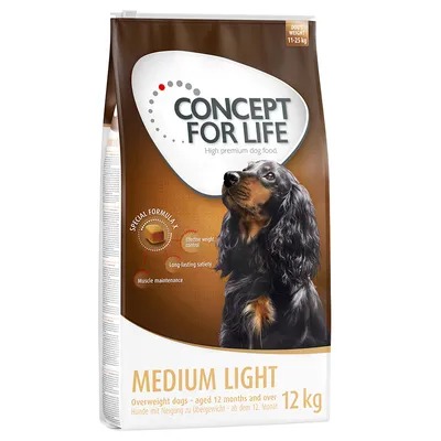 Concept for Life Medium Light koiranruoka, 12 kg, yli 12 kk ikäisille ylipainoon taipuville koirille. Special Formula: painonhallinta, pitkä kylläisyys, lihashuolto.