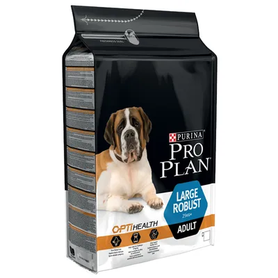 Purina Pro Plan Large Robust 25 kg+ Adult, slika embalaže s psom, oznake OptiHealth in piktogrami za nego zob, prebavo in sklepe. Vidno besedilo: ADULT.