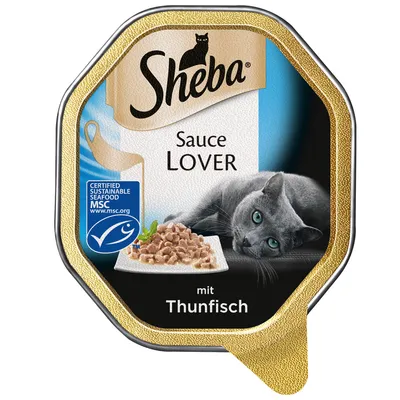 Sheba Sauce Lover mit Thunfisch, MSC-keurmerk zichtbaar op verpakking, afbeelding van grijze kat en een bordje natvoer. Tekst deels in het Duits.