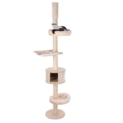 Cat tree with multiple levels, including cave, hammock and resting areas. Beige fabric cover. Cat visible on top resting area.