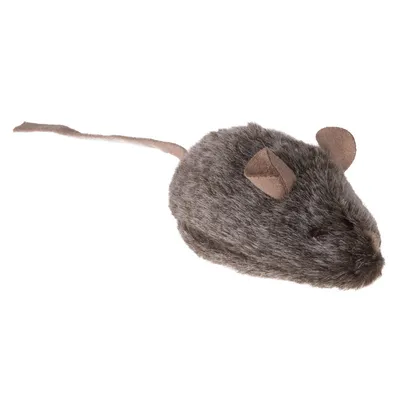 Plush mouse cat toy with grey faux fur, brown felt ears and tail, shown on white background