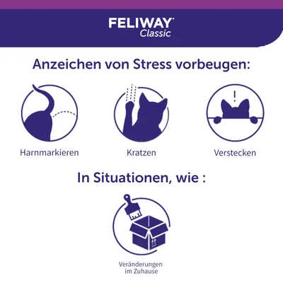 Feliway Classic. Anzeichen von Stress vorbeugen: Harnmarkieren, Kratzen, Verstecken. In Situationen wie Veränderungen im Zuhause.