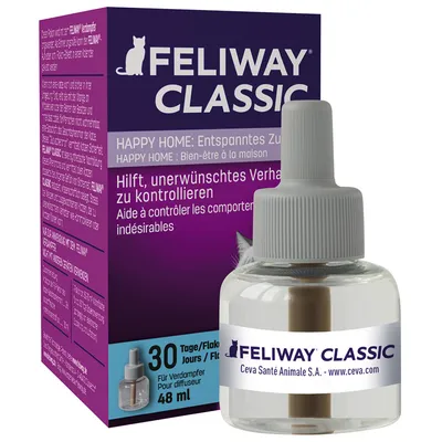 Feliway Classic utántöltő flakon, 48 ml. Segít kontrollálni a nem kívánt viselkedést. Párologtatóhoz, 30 napra elegendő. Márka: Ceva Santé Animale S.A.