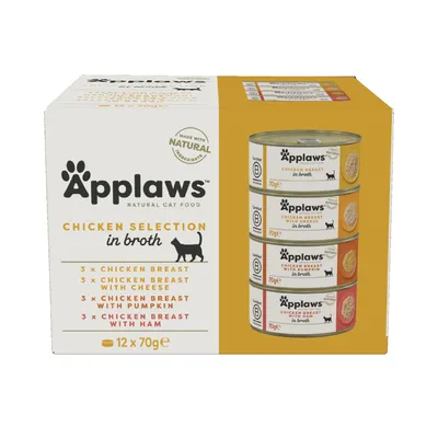 Applaws Natural Cat Food Chicken Selection in Broth, 12 x 70g: 3x kipfilet, 3x kipfilet met kaas, 3x kipfilet met pompoen, 3x kipfilet met ham.