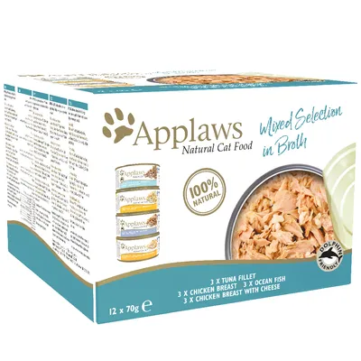 Applaws Natural Cat Food Mixed Selection in Broth, 12 x 70 g. 100% natural. Sisältää: 3 x tuna fillet, 3 x chicken breast, 3 x ocean fish, 3 x chicken breast with cheese.