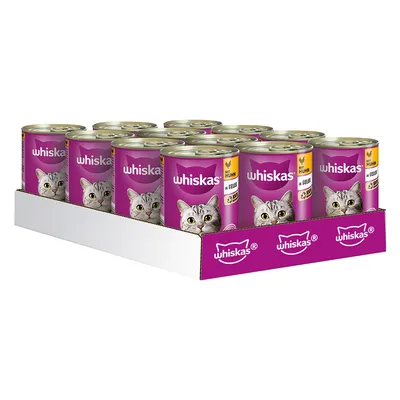 Whiskas mokra hrana za mačke v želeju s piščancem, 12 pločevink po 85g, vijolična embalaža z motivom mačke.