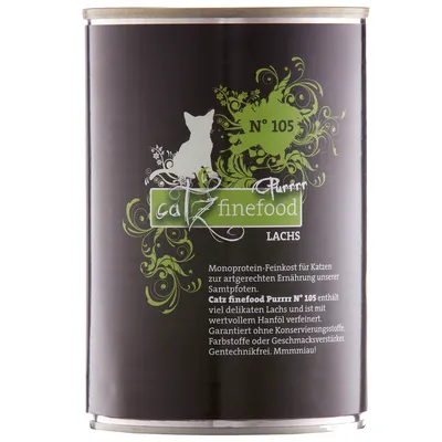 Lata de comida para gatos Catz finefood Purrrr N° 105 Lachs. Texto en alemán sobre ingredientes y características visibles en la etiqueta frontal.