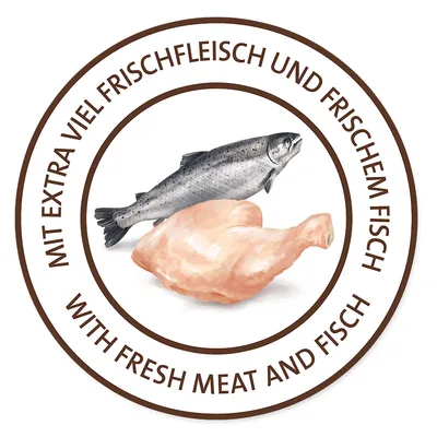 Mit extra viel Frischfleisch und frischem Fisch. Illustration von Hähnchenfleisch und Fisch.