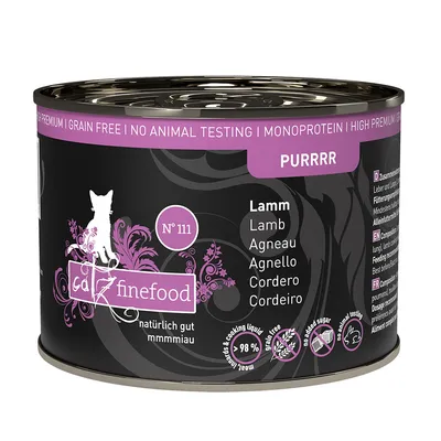 Catz Finefood Nr. 111, jagnięcina, naturalnie dobre, 98% mięsa i płynu z gotowania, bez zbóż, bez cukru, bez testów na zwierzętach, monobiałko, wysoka jakość premium.