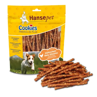 Hansepet Cookies kylling-ris-stickies, fedtfattige og letfordøjelige, skånsomt ovntørrede. Fødevarekvalitet. Delikatesser til hunde.