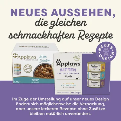 Applaws Kitten Selection ja Kitten Variety Selection in jelly -kissanruokapakkaukset. Teksti saksaksi: Neues Aussehen, die gleichen schmackhaften Rezepte. Neues Design.
