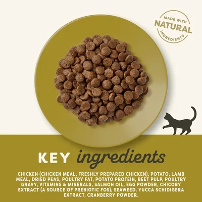 Key ingredients: chicken, potato, lamb meal, dried peas, poultry fat, potato protein, beet pulp, poultry gravy, vitamins and minerals, salmon oil, egg powder, chicory extract, seaweed, yucca, cranberry.