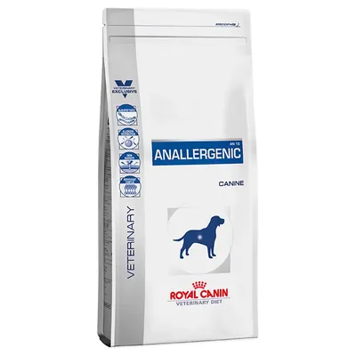 Royal Canin Veterinary Diet Anallergenic AN 18 für Hunde. Verpackung mit Symbolen: Hautschutz, allergenarme Rezeptur, optimierte Nährstoffzusammensetzung.