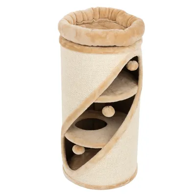 Kratzbaum in beige mit drei Ebenen, zwei Spielbällen und gepolsterter Liegefläche oben.