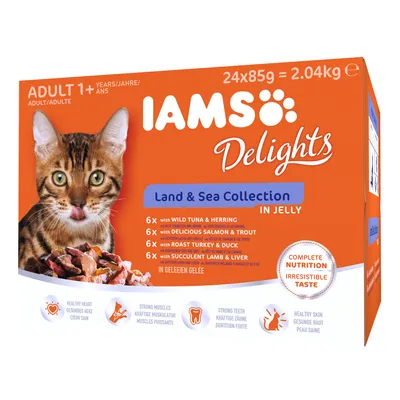 IAMS Delights Land & Sea Collection i gelé, 24×85 g. Til voksne katte 1+. Indeholder tun & sild, laks & ørred, kalkun & and, lam & lever. Komplet ernæring, uimodståelig smag.