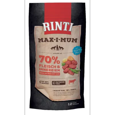 Rinti Max-i-Mum hundefoder, 70% kød og indmad, rig på frisk oksekød, med 30% grøntsager, kornfri, Frische Plus, 12 kg pakke.
