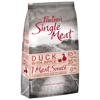Purizon Single Meat Duck met appel, 65% dierlijke ingrediënten, 35% fruit, groenten en kruiden, 0% granen. Voor volwassen honden van alle rassen. Verpakkingsgrootte: 12 kg.