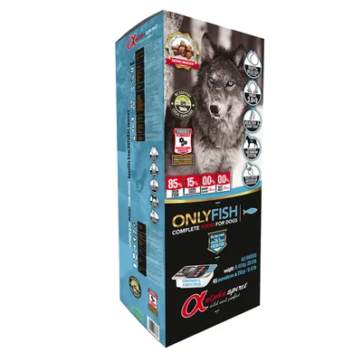 Alpha Spirit ONLYFISH Complete Food for Dogs box, 85% fish, 15% other, 0% grain, 9.45kg, 45 x 210g trays, visible wolf image, key claims: semi-moist, omega 3.6.9, no artificial additives.