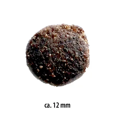 Primer plano de una croqueta de pienso marrón con un diámetro de aprox. 12 mm.