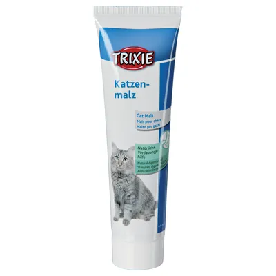 Trixie Katzenmalz -tahna kissoille, teksti: Cat Malt, Natürliche Verdauungshilfe. Kuvassa harmaa kissa ja useita kieliversioita pakkauksessa.