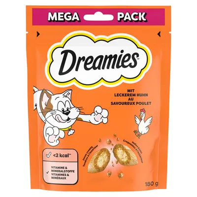 Dreamies Mega Pack au délicieux poulet, moins de 2 kcal par pièce, contient des vitamines et des minéraux, sachet de 180 g. Dreamies Mega Pack au délicieux poulet, moins de 2 kcal par pièce, contient des vitamines et des minéraux, sachet de 180 g.