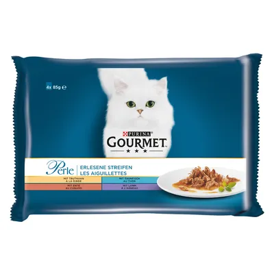 Pachet hrană umedă pentru pisici Purina Gourmet Perle, 4 x 85 g. Text vizibil: Erlesene Streifen, mit Truthahn, mit Ente, mit Thunfisch, mit Lamm. Imagine cu felii de carne în sos.