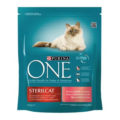 Sachet de croquettes PURINA ONE Sterilcat pour chats stérilisés ou castrés, riche en saumon et au blé, 800 g. Texte visible : Visible Health for Today & Tomorrow, Actilea.