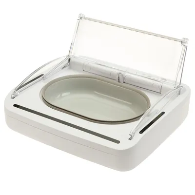 Automatic pet feeder with a transparent lid in open position, showing an empty food bowl inside the device.