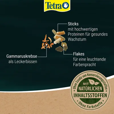 Tetra. Gammaruskrebse als Leckerbissen, Sticks mit hochwertigen Proteinen für gesundes Wachstum, Flakes für eine leuchtende Farbenpracht. Ohne Zusatz von Konservierungsstoffen und Farbstoffen.