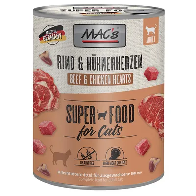 MAC's Rind & Hühnerherzen Beef & Chicken Hearts, Super Food for Cats, adult, grainfree, high meat content, Made in Germany. Cibo completo per gatti adulti.