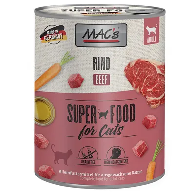 MAC's Super Food for Cats, manzo. Alimento completo per gatti adulti. Made in Germany, senza cereali, alto contenuto di carne.