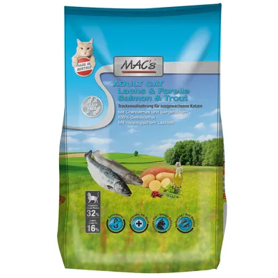 MAC's ADULT CAT Salmon & Trout суха храна за котки, 32 % протеин, 16 % мазнини, без зърнени храни, с масло от сьомга. Видими картофи, риба, билки, етикет Made in Austria.