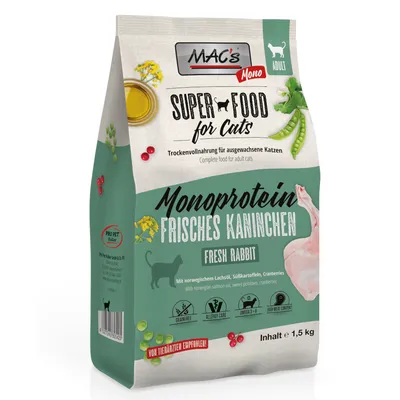 MAC's Mono Super Food for Cats, hrană uscată cu iepure proaspăt, monoproteină, ulei de somon norvegian, cartofi dulci, merișoare. Conținut: 1,5 kg. Fără cereale, Omega-3 și -6, recomandat de veterinari.