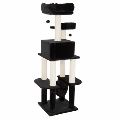 Schwarzer Kratzbaum mit mehreren Ebenen, Sisalstangen und gepolsterten Liegeflächen. Integrierte Hängematte und Spielbälle an Schnüren.