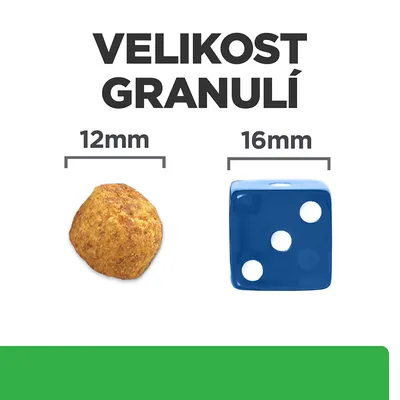 Velikost granulí: porovnání granule o průměru 12 mm a modré kostky o hraně 16 mm. Nápis 'VELIKOST GRANULÍ'.