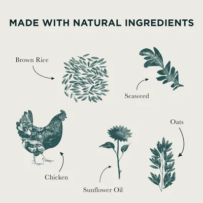 Made with natural ingredients: brown rice, seaweed, oats, sunflower oil, and chicken.