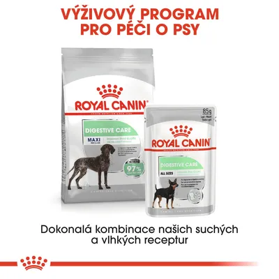 ROYAL CANIN DIGESTIVE CARE MAXI suché krmivo a DIGESTIVE CARE ALL SIZES kapsička pro psy, nápis: Výživový program pro péči o psy. Dokonalá kombinace našich suchých a vlhkých receptur.