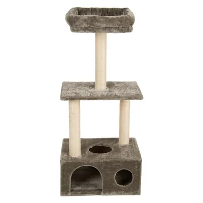 Arbre à chat gris avec trois niveaux, poteaux en sisal, niche carrée à deux ouvertures rondes et un panier supérieur rembourré. Revêtement en tissu doux visible.