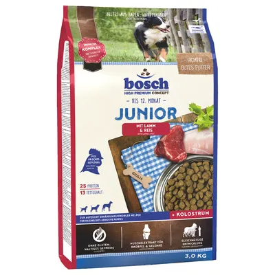 bosch High Premium Concept Junior hundefoder, bis 12. Monat, mit Lamm & Reis, 25 % protein, 13 % fedt, kolostrum, uden glutenholdige kornsorter, 3,0 kg. Synligt billede af foder og kød.