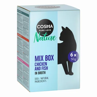Cosma Nature Mix Box med kylling og fisk i bouillon, 6 x 50g, 100% naturlige ingredienser.